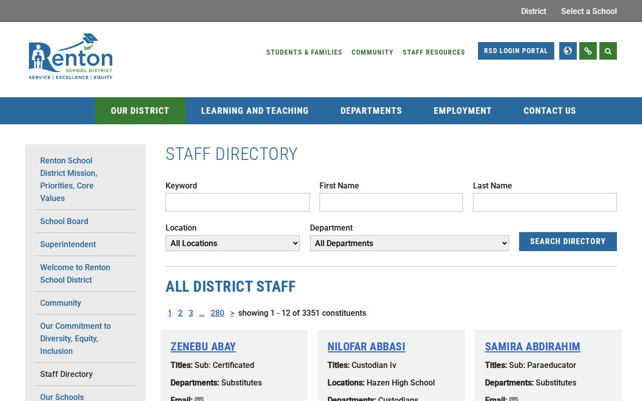 Renton people directories search fields for school district staff