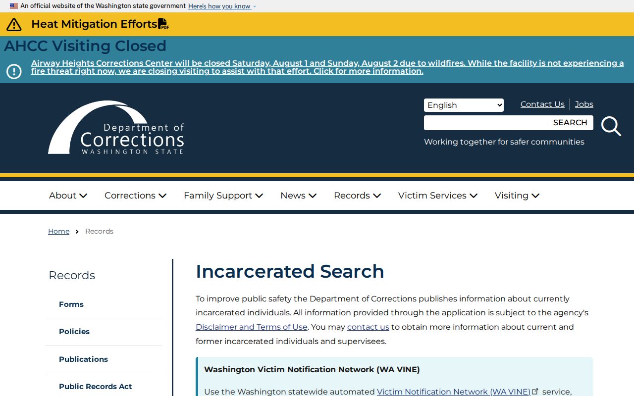 Renton public records search fields in the Washington DOC inmate lookup