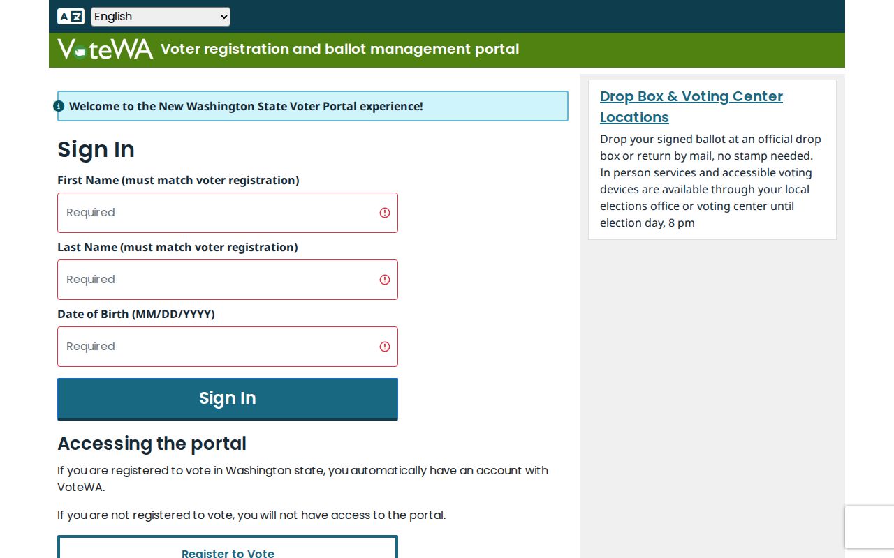 Renton voter registration records personal lookup form in VoteWA